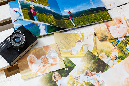家庭暑假照片印本就放在桌上创造力海滩检查摄影师工作室目录办公室相片自由职业者拼贴画背景图片