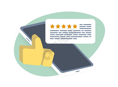 来自满意客户和客户的反馈推荐 审查具有 5 星评级的产品或服务 智能手机 竖起大拇指图标和五颗星评论气泡背景图片