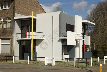 荷兰乌得勒支的风格派遗产正方形线条黄色角落立方体红色房子背景图片