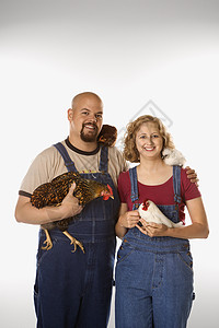 古英语矮脚鸡公鸡女人和男人与鸡农业农民工作服夫妻金发微笑照片眼神小鸡宠物背景