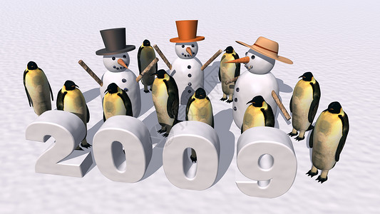 2009年新年愿望乐趣企鹅雪人季节帽子日历假期插图背景图片