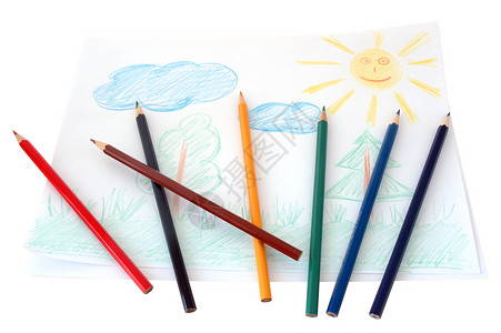 蜡笔太阳孩子的画蓝色绿色棕色插图太阳白色铅笔蜡笔孩子们黄色背景