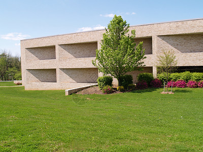 现代砖楼外部外层天空蓝色园林草地办公室绿化商业学校绿色植物背景图片