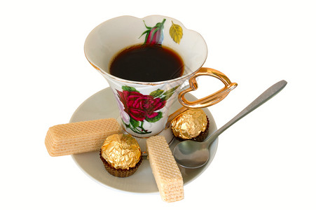 晶瓷装饰画来杯茶和甜点白色糖果绿色杯子金属棕色金子玫瑰紫色勺子背景