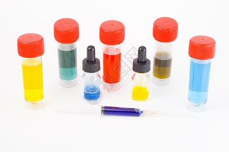 颜色的药水测试管科学试剂制药瓶子注射器化学解决方案解药蓝色健康背景
