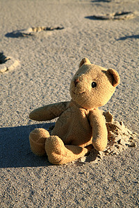 单身敲可怜泰迪熊在沙滩上孩子玩物玩具阳光吉祥物流浪脚印婴儿动物孤独背景