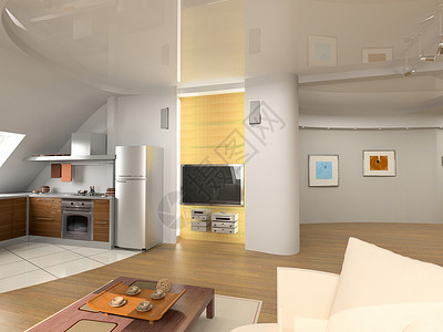 柯布西耶现代内地阁楼公寓木地板住宅窗帘地板厨房桌子大理石建筑学背景