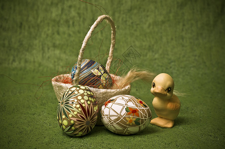 小鸭子礼物复活节组成构成生活小鸭子喜悦节日庆典篮子季节性幸福礼物传统背景