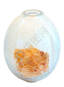 破碎玻璃花瓶上的橙色花瓣橙子黄色裂缝白色背景图片