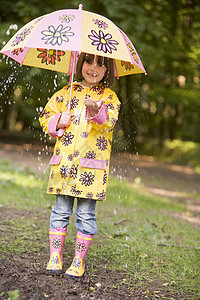 雨衣雨鞋线稿年轻女孩在雨雨中户外 带着雨伞微笑背景