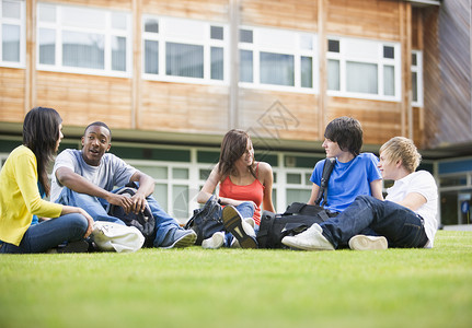 大学生在校园草坪上坐下和说话高清图片
