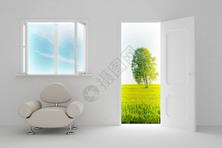 开着门窗后风景 3D 图像场地自由沙发房间公寓桦木扶手椅插图风格装饰背景图片