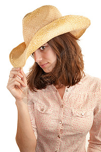 女式帽戴牛仔帽的漂亮女人稻草成人头发衬衫帽子国家女性牛仔潮人背景