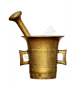 研钵和研杵黄色黄铜砂浆古董厨房金属用具背景图片
