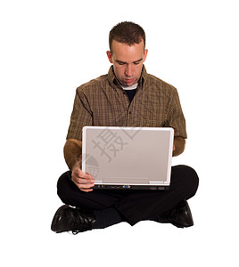 在笔记本电脑上工作的人技术男人商业男性闲暇成人白色背景图片