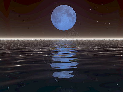 超近月月和水海洋现实地平线插图环境波浪蓝色背景图片
