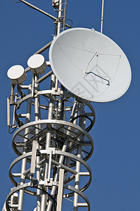抛物面天线天线收音机卫星通信全球助推器桅杆电话技术蓝色电讯背景
