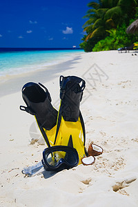 海滩上戴有鳍的潜水面罩追求面具假期脚蹼卵石游客海浪爱好旅游海景背景图片