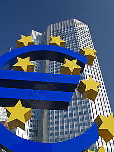 欧央行在欧洲中央银行外签署欧元签名美元摩天大楼建筑货币旅行办公室金融银行业背景