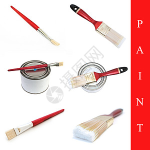 一套油漆刷子成套维修配件拼贴画白色工具红色染料画笔背景图片