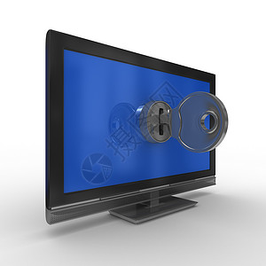 重新定义安全坐垫白色背景的电视和密钥 孤立的 3D 图像背景