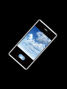 带云屏幕保护器的移动电话气氛工具细胞电话多云天气天空按钮电讯背景图片