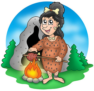 火卡通山洞前史前女人的卡通背景