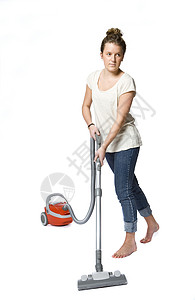 吸尘清洁女工白色女孩打扫牛仔裤红色女性女士真空吸尘器背景图片