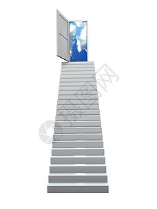 梯子插画3D 成功的商业楼梯入口空气进步门把手白色天空云景世界概念牧歌背景