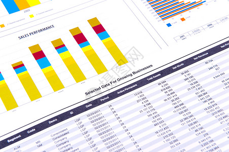 数据速度附有图表的财务分析商业资产销售投资橙子办公室会计白色统计蓝色背景
