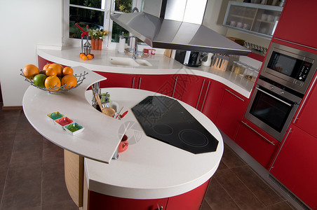红色现代现代厨房小岛陶瓷冰箱风格房间烤箱桌子橱柜用餐建筑学背景图片