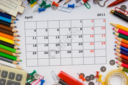 2011年有办公室和文具的每月日历月历会员学校学习铅笔年度资格号码背景图片