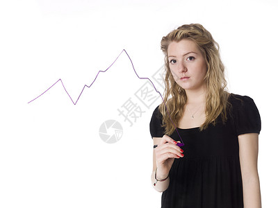 做图表女孩女孩做一个图表白色阴谋女士写作经济紫色金发环境经济衰退背景