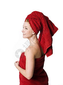 红毛巾女孩工作室女士淋浴皮肤红色背景图片