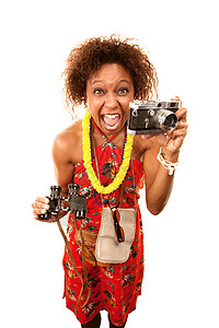 相机头有趣的非裔美国人旅游者爆炸女士卷曲欢乐旅行家游客成人相机观光者外国人背景