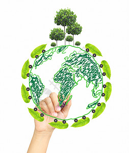 行星张贴画手画全球世界绿色经济地球叶子生态植物贴纸绘画行星背景