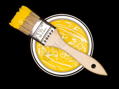 水平高角度视图黄漆罐和刷子曲线圆圈黑色工作金属合金家装黄色工具绘画背景