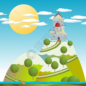城堡漫画绘制城堡图卡通片卡通天空草地全景插图庄园松树房子日落背景