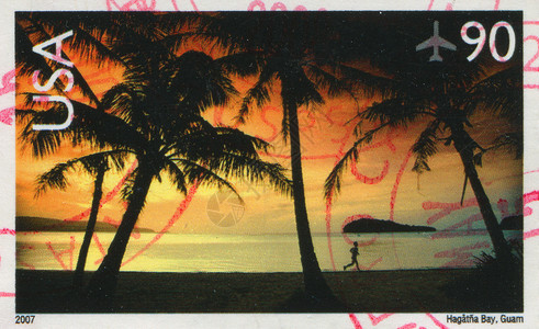 关岛邮票集邮卡片风景信封椰子邮戳植物群热带棕榈邮政背景