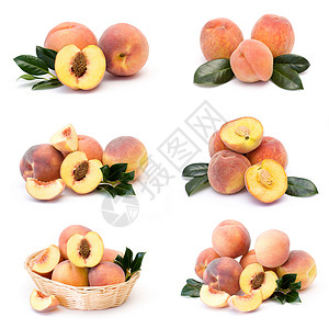收集新鲜桃子水果收成黄色拼贴画红色静物橙子甜点篮子食物果汁背景图片