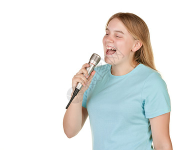 女少女唱歌白色卡拉ok青少年麦克风说话女性讲话背景图片