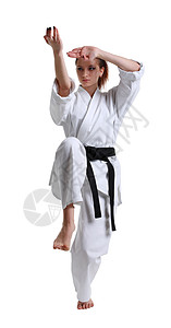 空手道 和服的年轻女孩力量教育黑色跆拳道女士攻击武术罢工训练白色背景图片