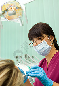 牙医工作乐器矫正办公室面具手套女性卫生牙齿口服牙科背景图片