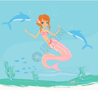 美人鱼与海豚美丽的美人鱼插图魔法脚蹼金发女性传奇若虫女士尾巴海蜇女孩背景