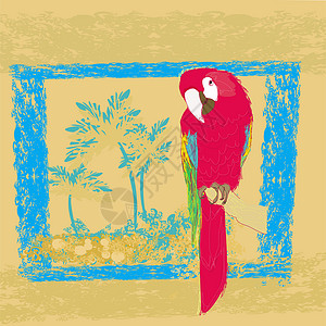 热带剪贴画坐在海滩的渡口上的多彩鹦鹉鸟动物园艺术海洋树叶情调异国海景剪影游艇插图背景