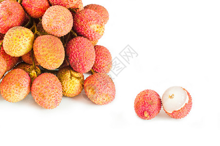 兴致白色背景上的礼节的特写食物热带团体粉色水果异国味道荔枝母狗红色背景