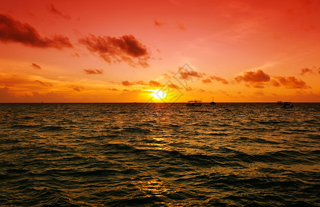 多尼船马尔代夫的日落天际地平线海景太阳黄色波浪光束橙子反射海洋背景
