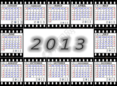 2013年日历是一部电影的英文数字黑色尘世红色白色环境蓝色背景图片