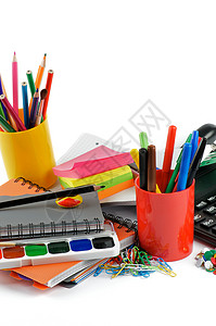 淘宝描述页准备上学彩虹蓝色订书机办公室教育铅笔刷子学校便利贴水彩背景