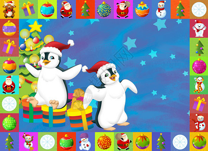 圣诞企鹅具有明确背景的圣诞节卡     儿童插图 孩子驯鹿朋友们解雇卡片动物雪人框架扫帚派对装饰背景
